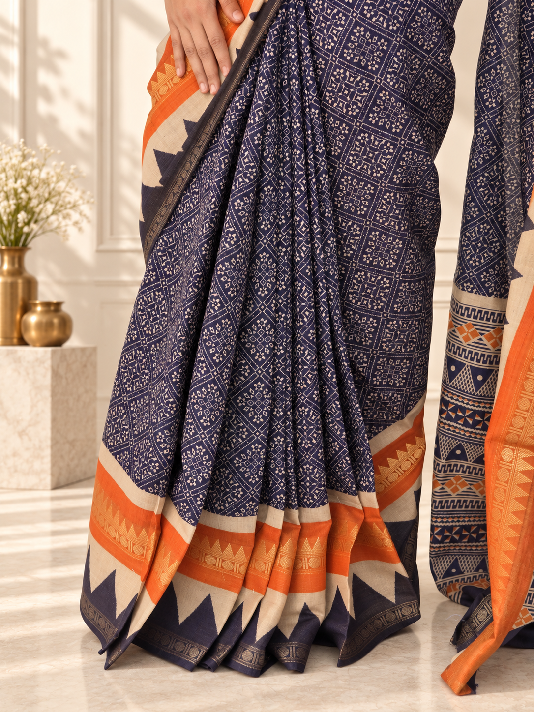 Navy Blue Soft Cotton Saree with Zari Border