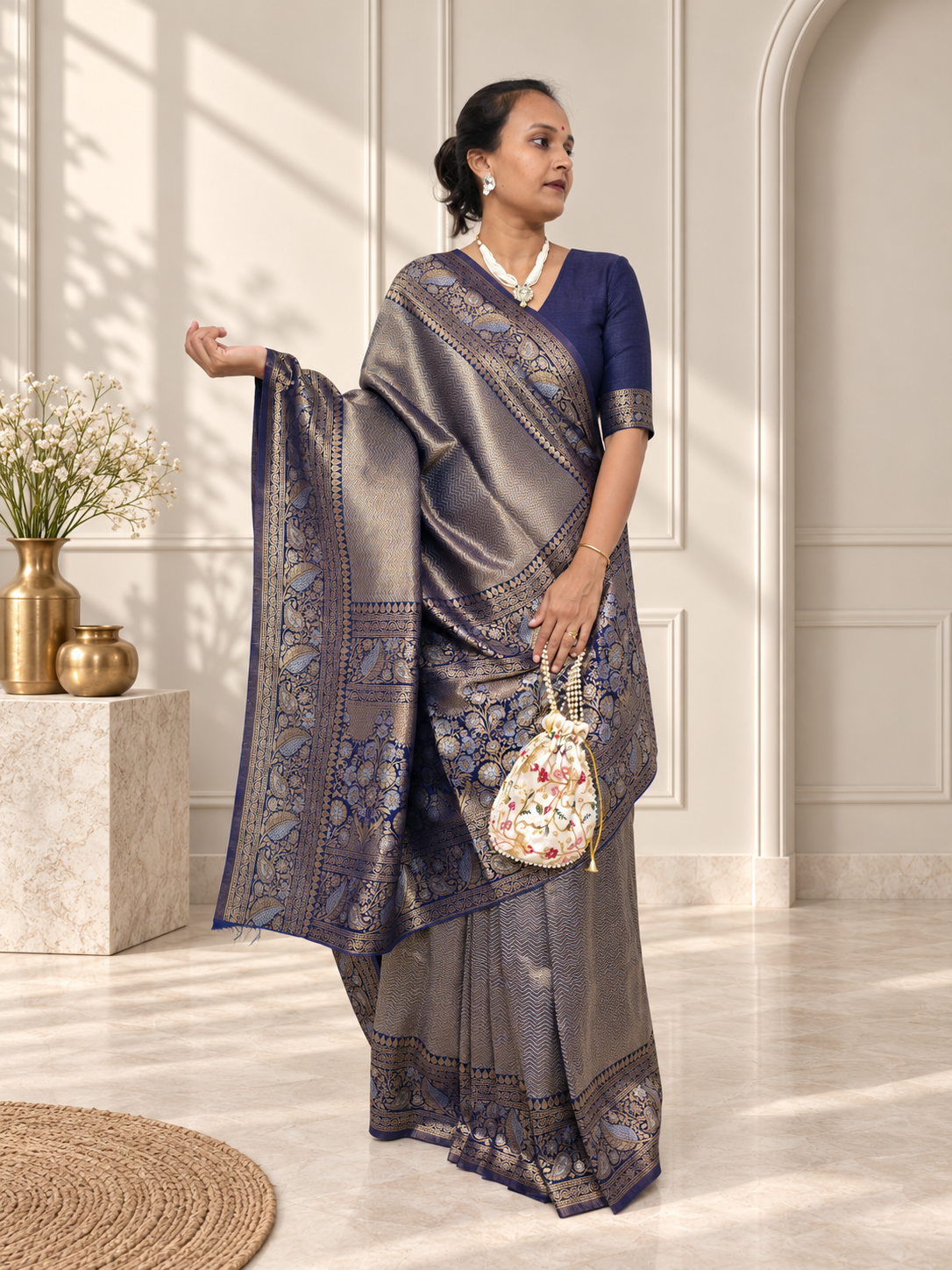 Midnight Blue Uppada Pure Silk Saree with Floral Nakshatra Border