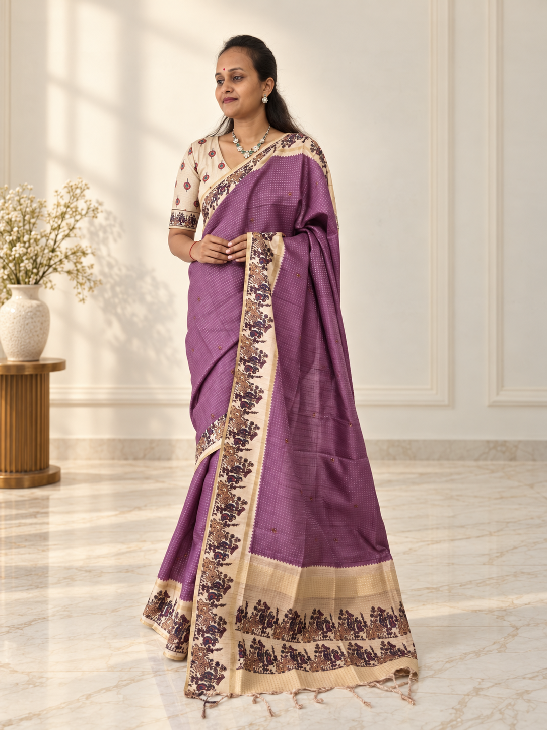 Heritage Folk Art Tussar Silk Saree – Mauve Purple