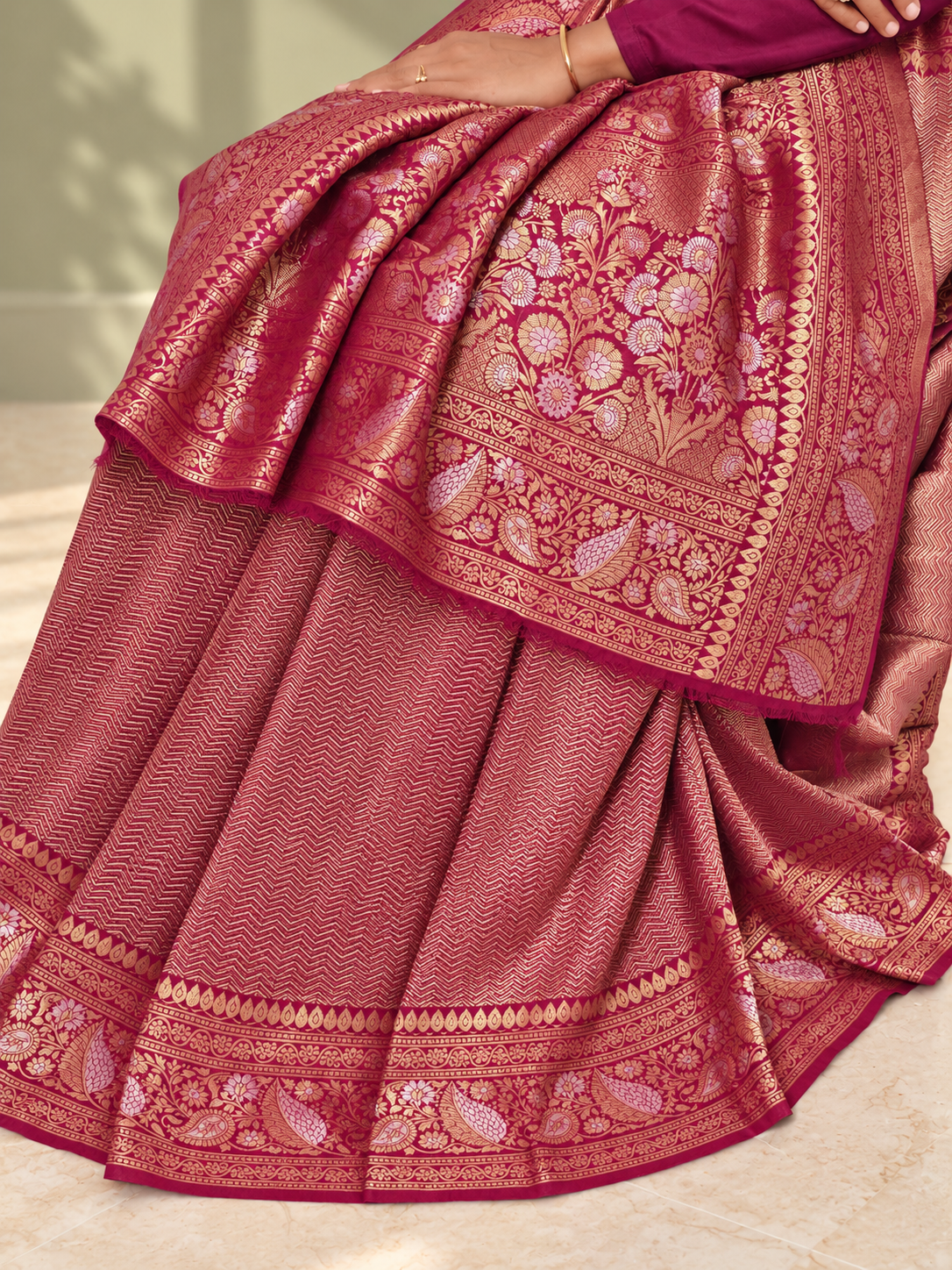 Rosewood Wine Uppada Pure Silk Saree with Floral Nakshatra Border