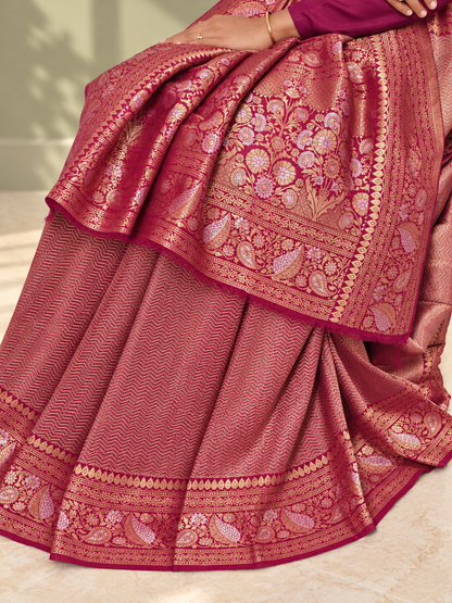 Rosewood Wine Uppada Pure Silk Saree with Floral Nakshatra Border