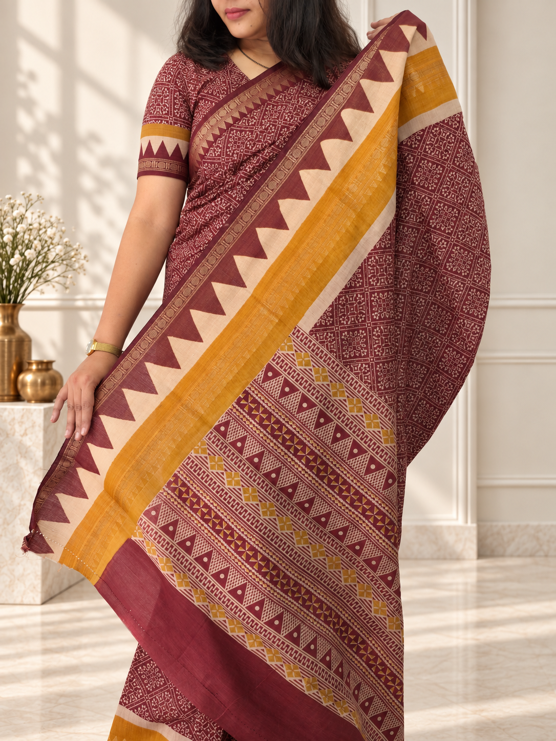 wine soft cotton saree with zari border