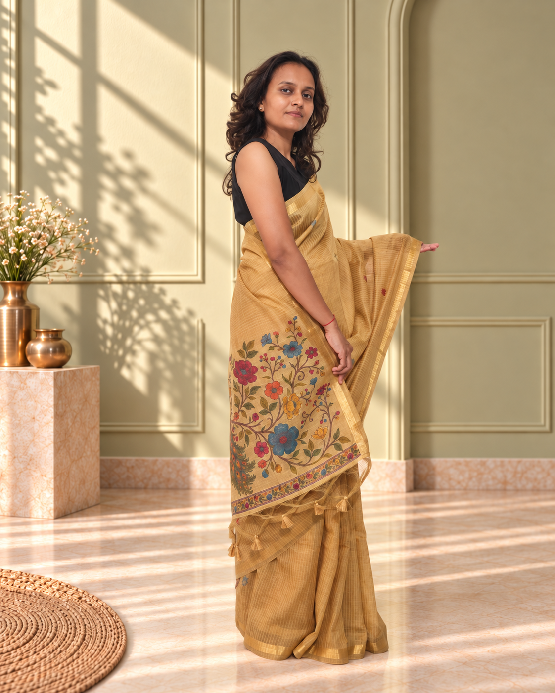 mustard gold cotton peacock kalamkari woven saree with gold stripes