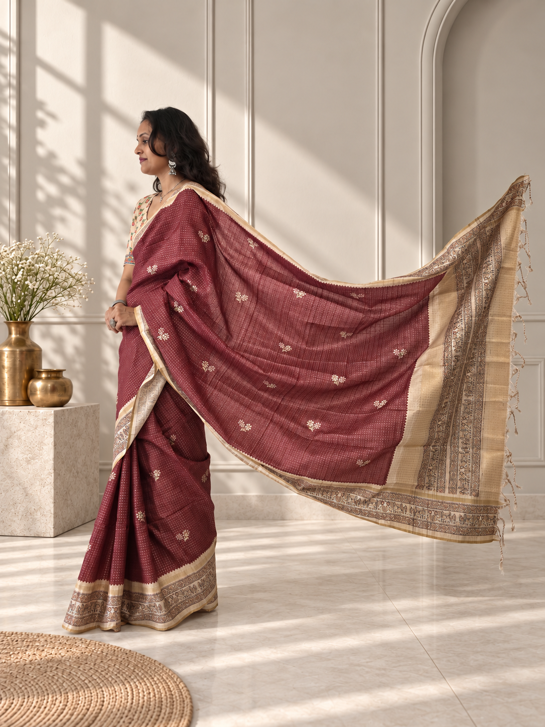 Madhubani Folk Art Muted Terracotta Tussar Silk Saree