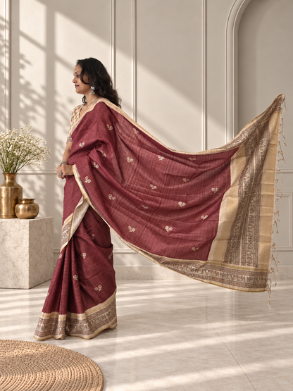 Madhubani Folk Art Muted Terracotta Tussar Silk Saree
