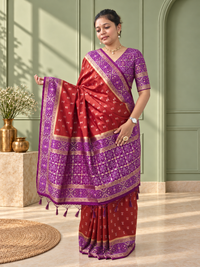 Terracotta Purple Silk Patola Saree with Geometric Woven Border