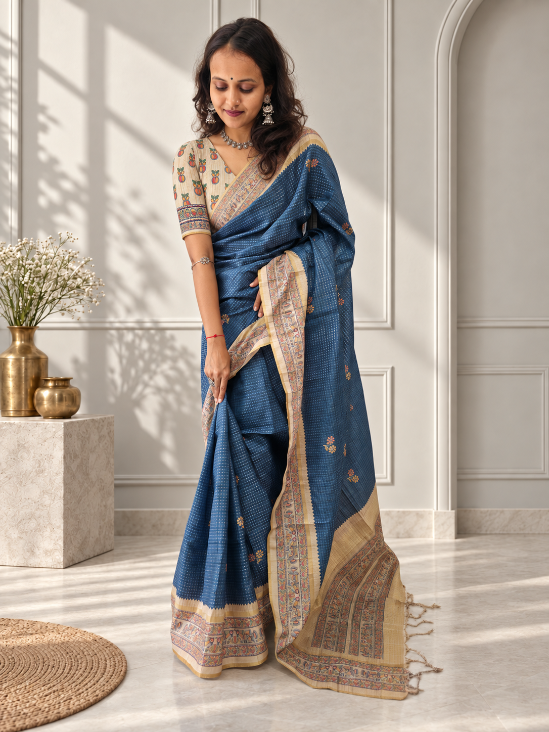 madhubani folk art dusty slate blue tussar silk saree