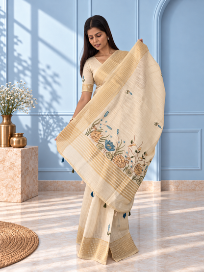 Ivory Linen Saree with Hand Embroidered Peacock Blue Florals