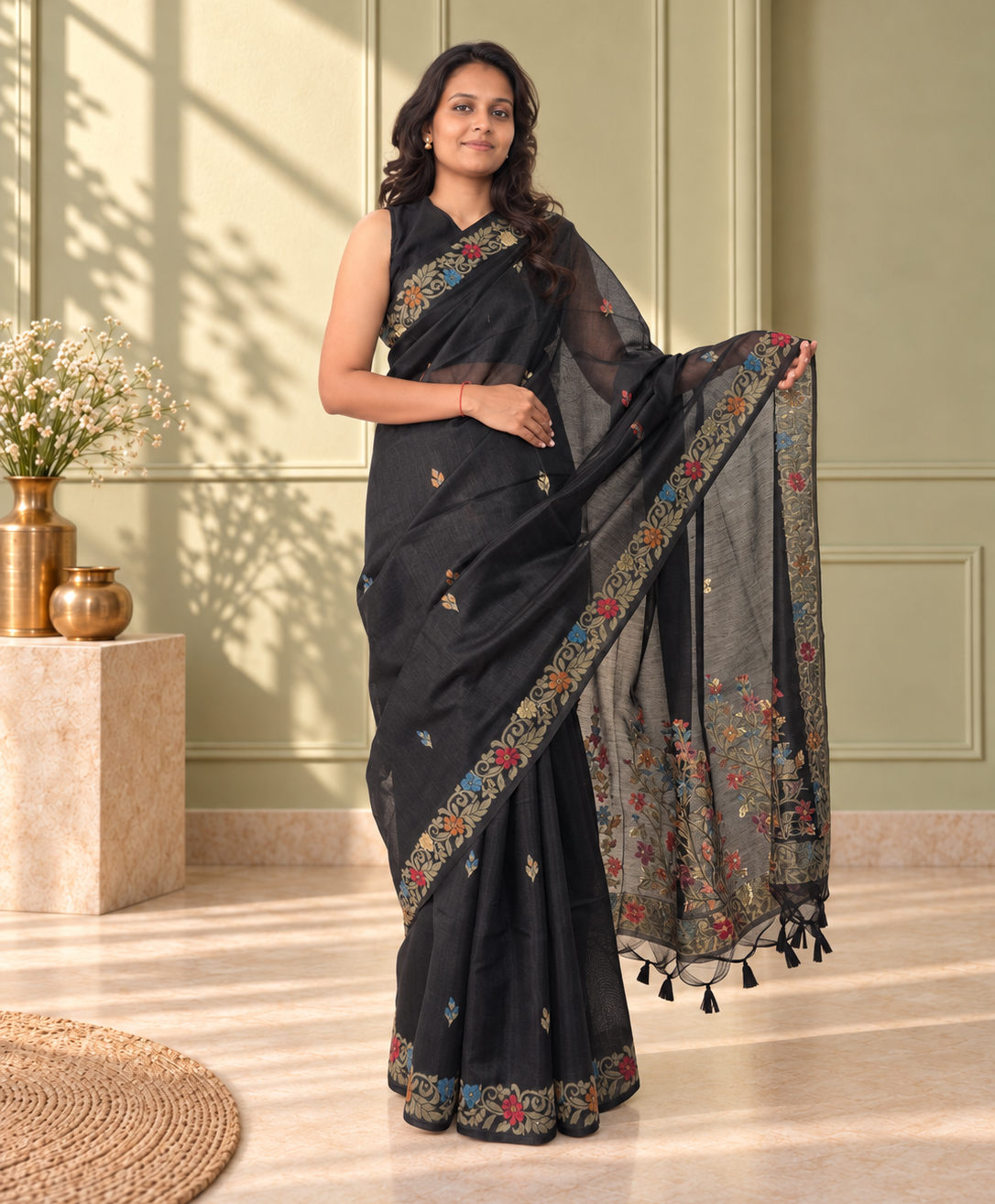 Black Cotton Handwoven Jamdani Saree with Multicolour Floral Design