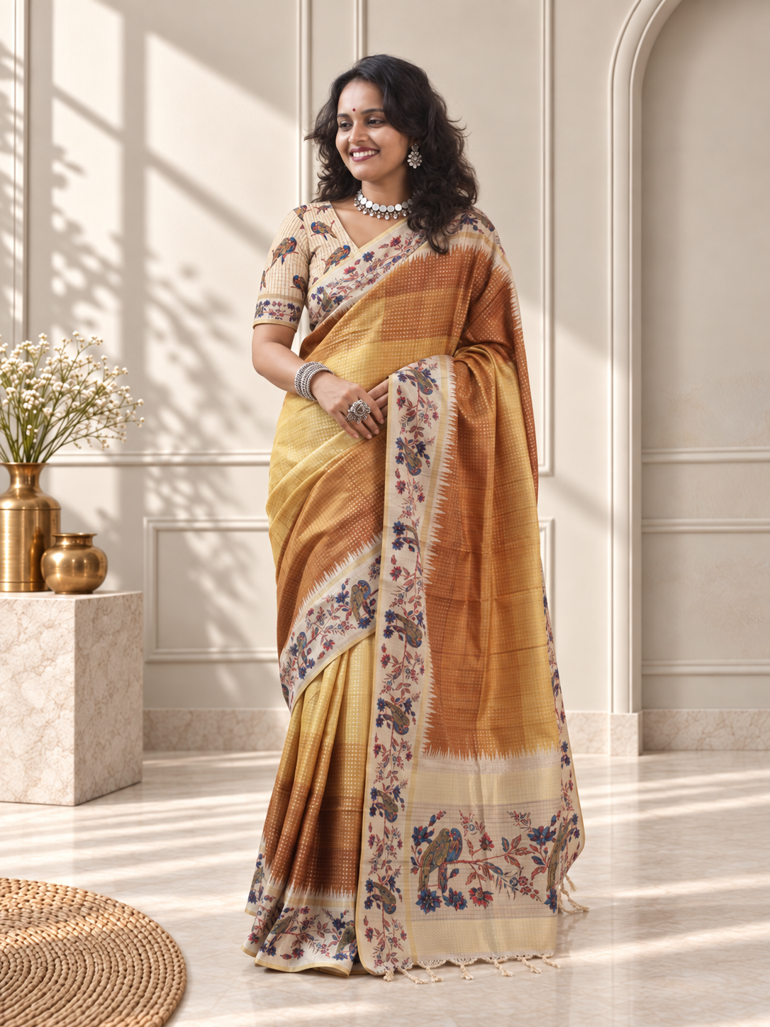 Copper Brown Tussar Silk Katha Print Saree with Parrot Pallu