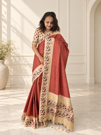 Bird & Floral Print Muted Terracotta Tussar Silk Saree