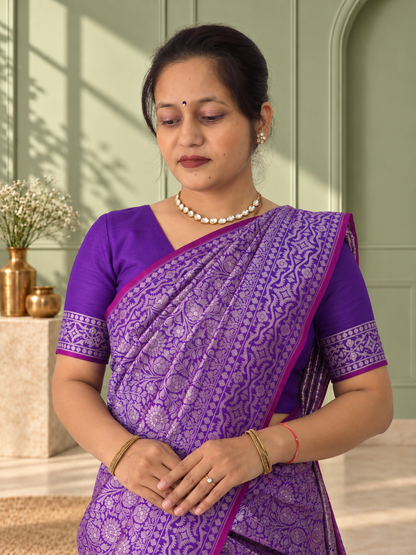 Purple Crepe Jaal Silk Saree with Matching Floral Border