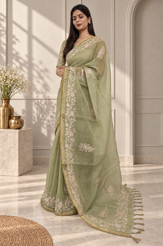 A woman models a sage green saree with beige floral embroidery and a matching embroidered border, set in a bright, elegant room with neutral walls and a marble floor.