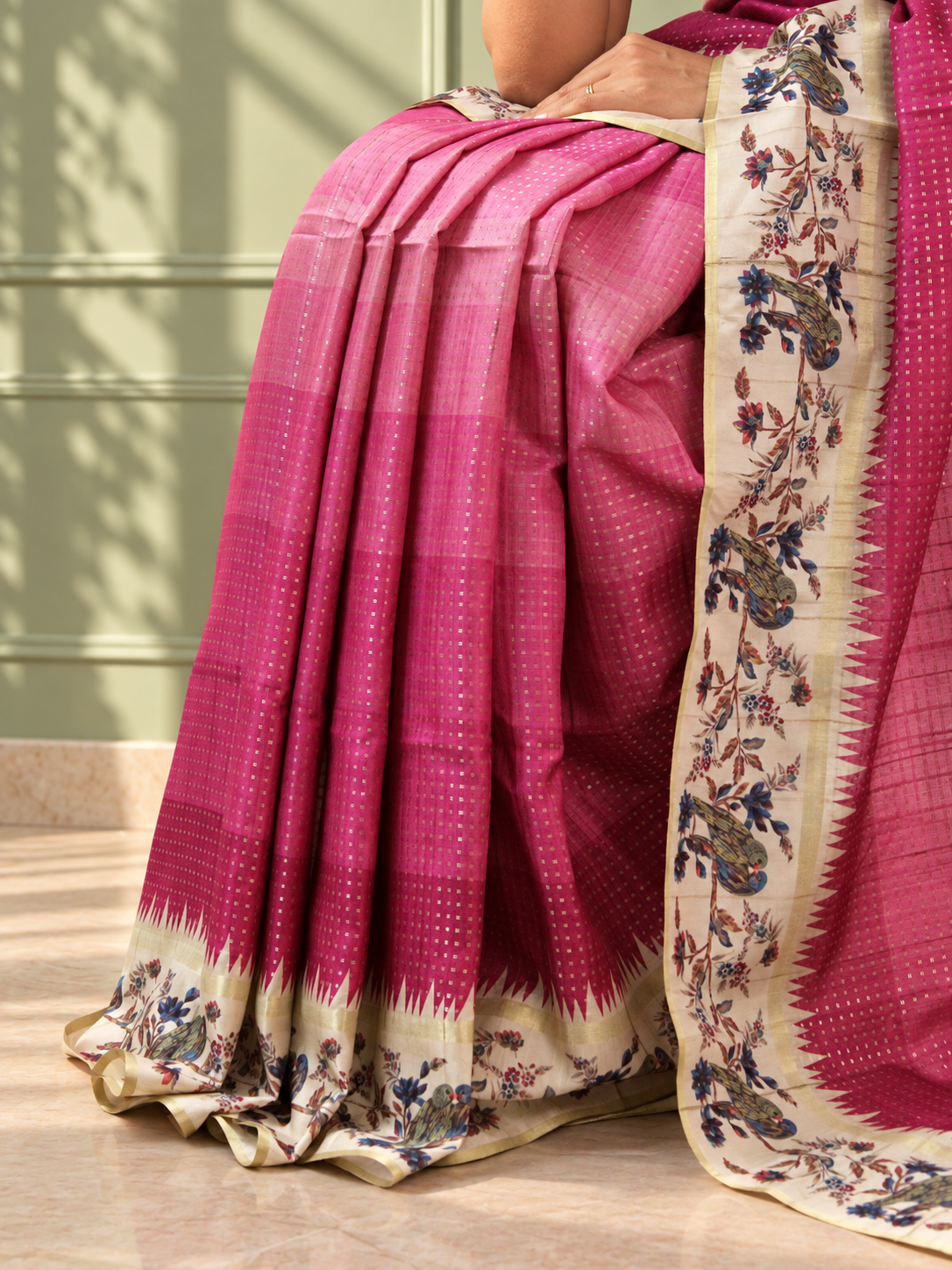 pink tussar silk katha print saree with parrot pallu