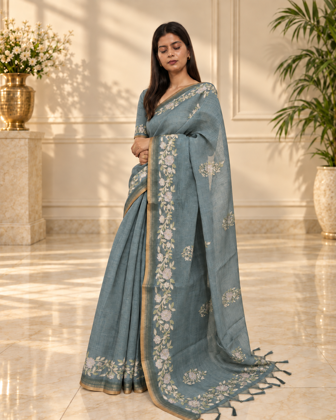 dusty teal blue linen saree with handcrafted aari floral embroidery