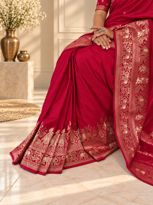 Crimson Red Woven Banarasi Silk Saree with Gold Zari Elephant & Floral Border