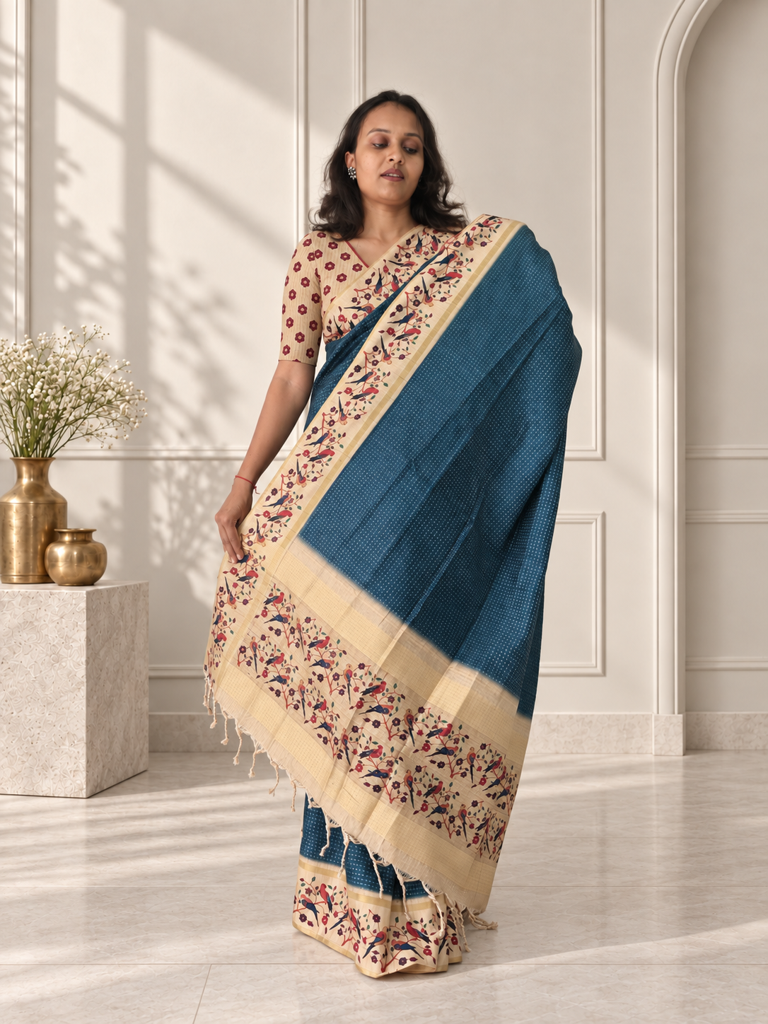 bird & floral print deep teal blue tussar silk saree