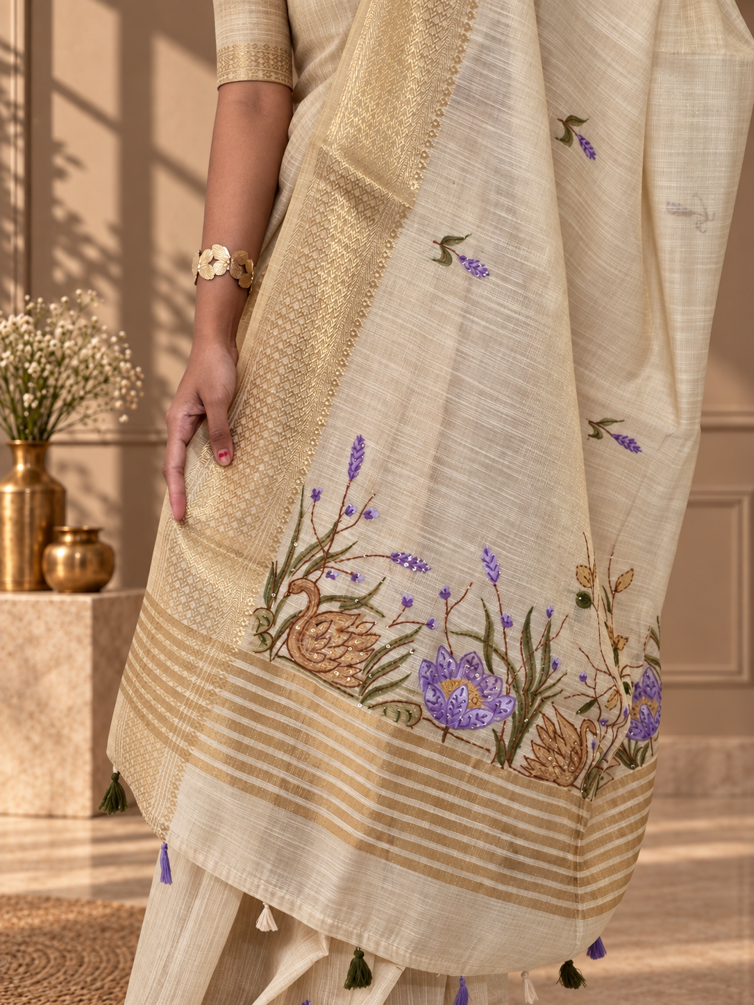 Ivory Linen Saree with Hand Embroidered Purple Florals