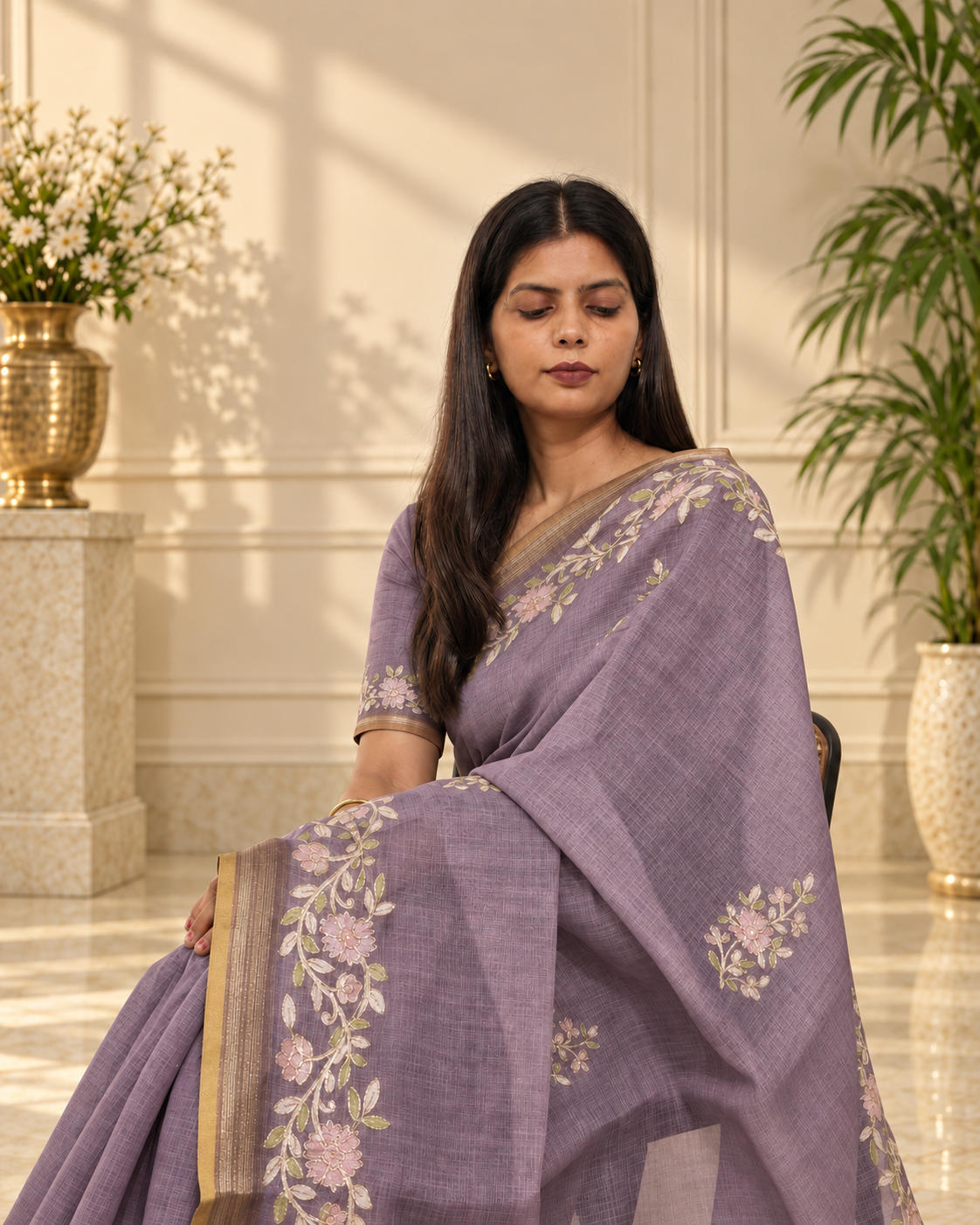 dusty lavender linen saree with handcrafted aari floral embroidery