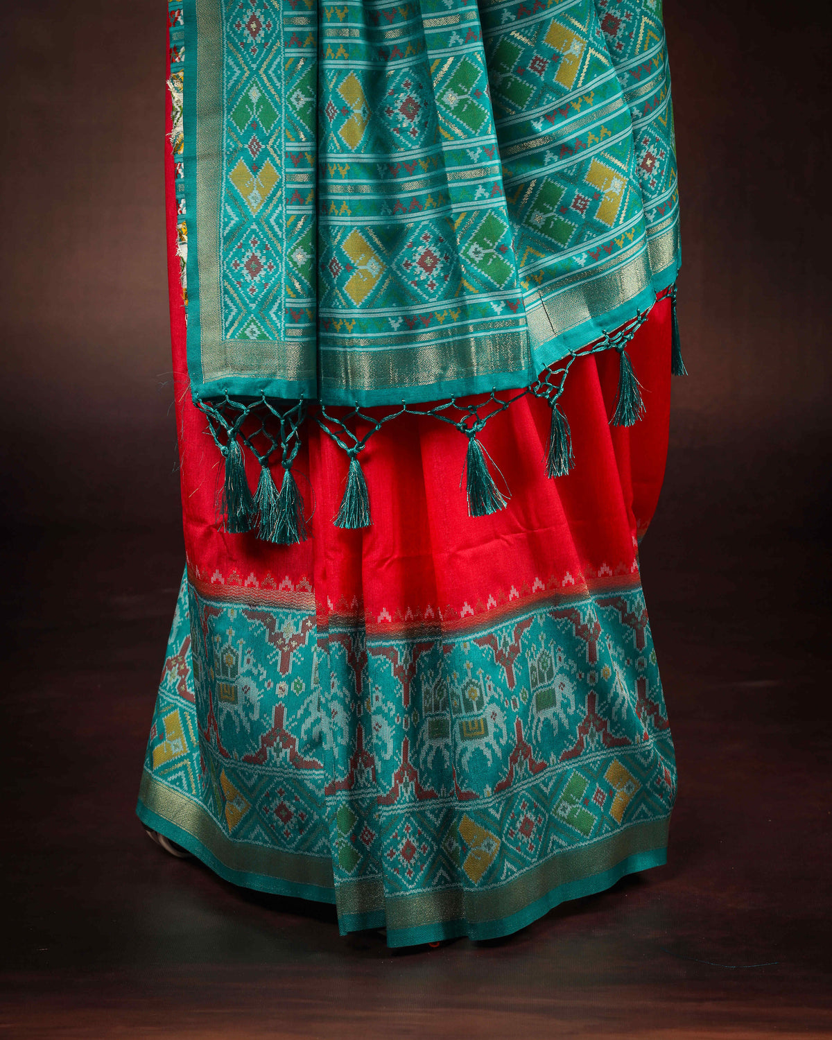 Teal Blue & Rich Red Patola Silk Saree with Elephant Motif