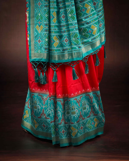 Teal Blue & Rich Red Patola Silk Saree with Elephant Motif