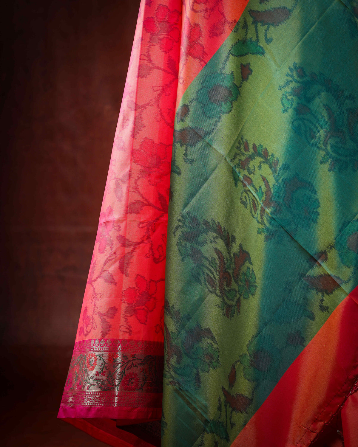 Meadow Bloom Vermilion Multicolour Soft Silk Saree with Meena Border