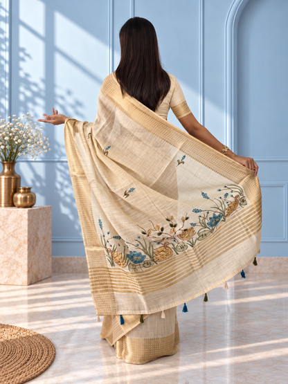 Ivory Linen Saree with Hand Embroidered Peacock Blue Florals
