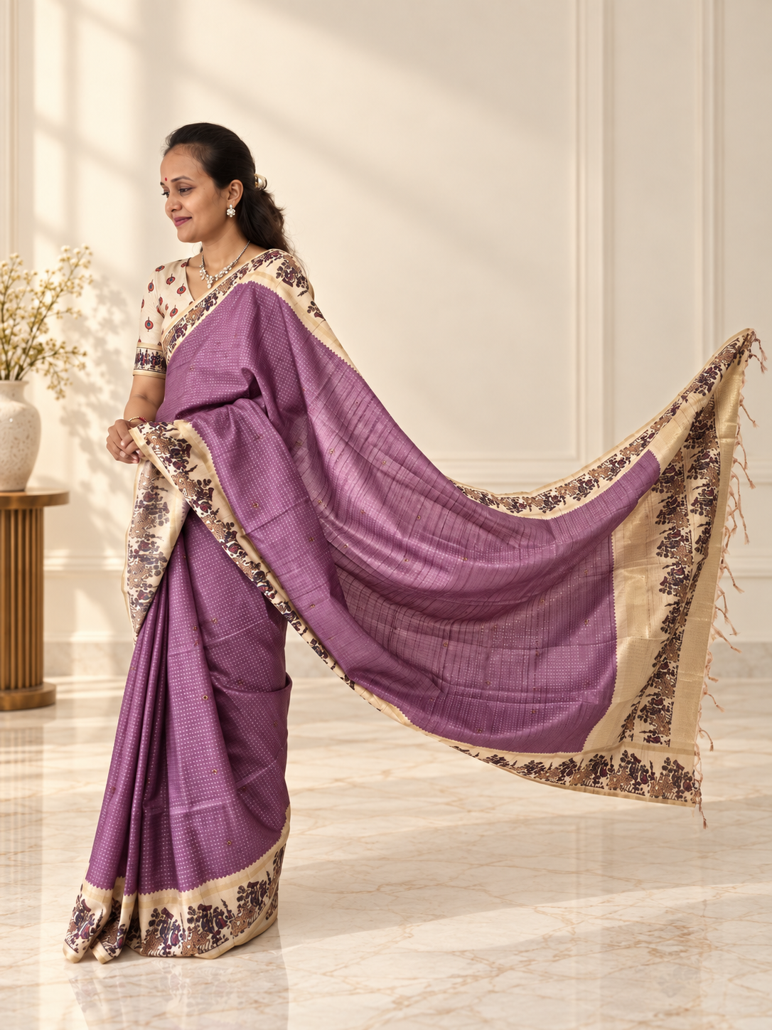 heritage folk art tussar silk saree – mauve purple