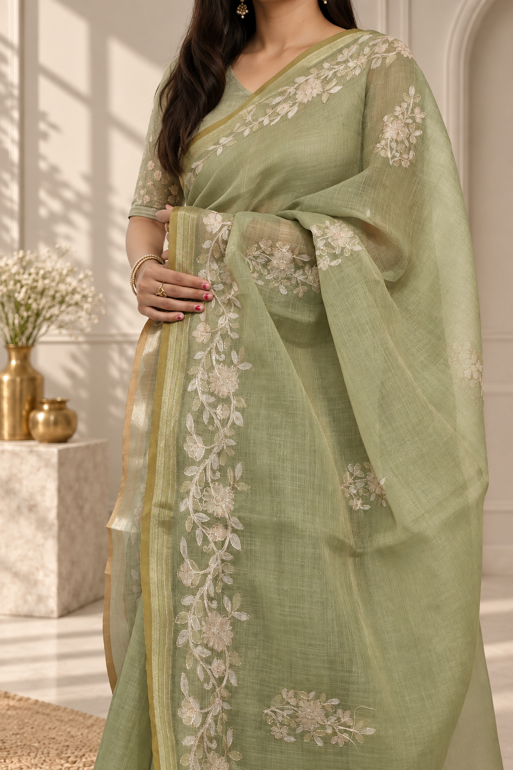 pistachio green linen saree with handcrafted aari floral embroidery