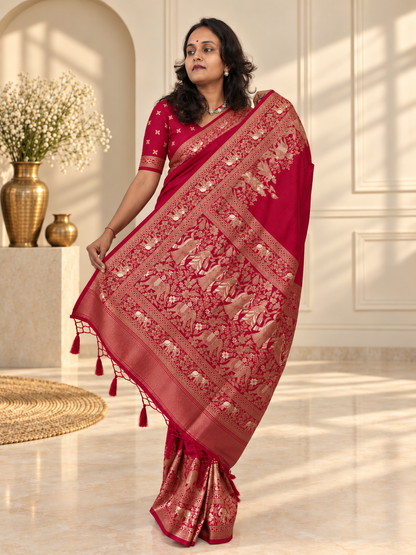 Crimson Red Woven Banarasi Silk Saree with Gold Zari Elephant & Floral Border
