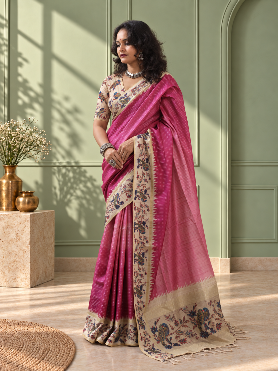 pink tussar silk katha print saree with parrot pallu