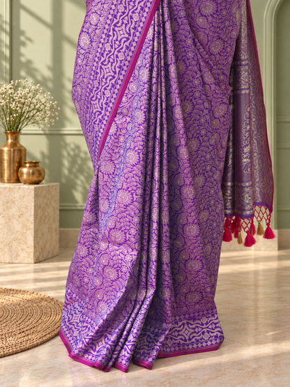 Purple Crepe Jaal Silk Saree with Matching Floral Border