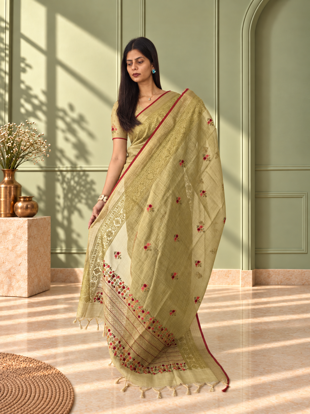Dark Mustard Linen Saree with Hand Embroidered Kantha Work