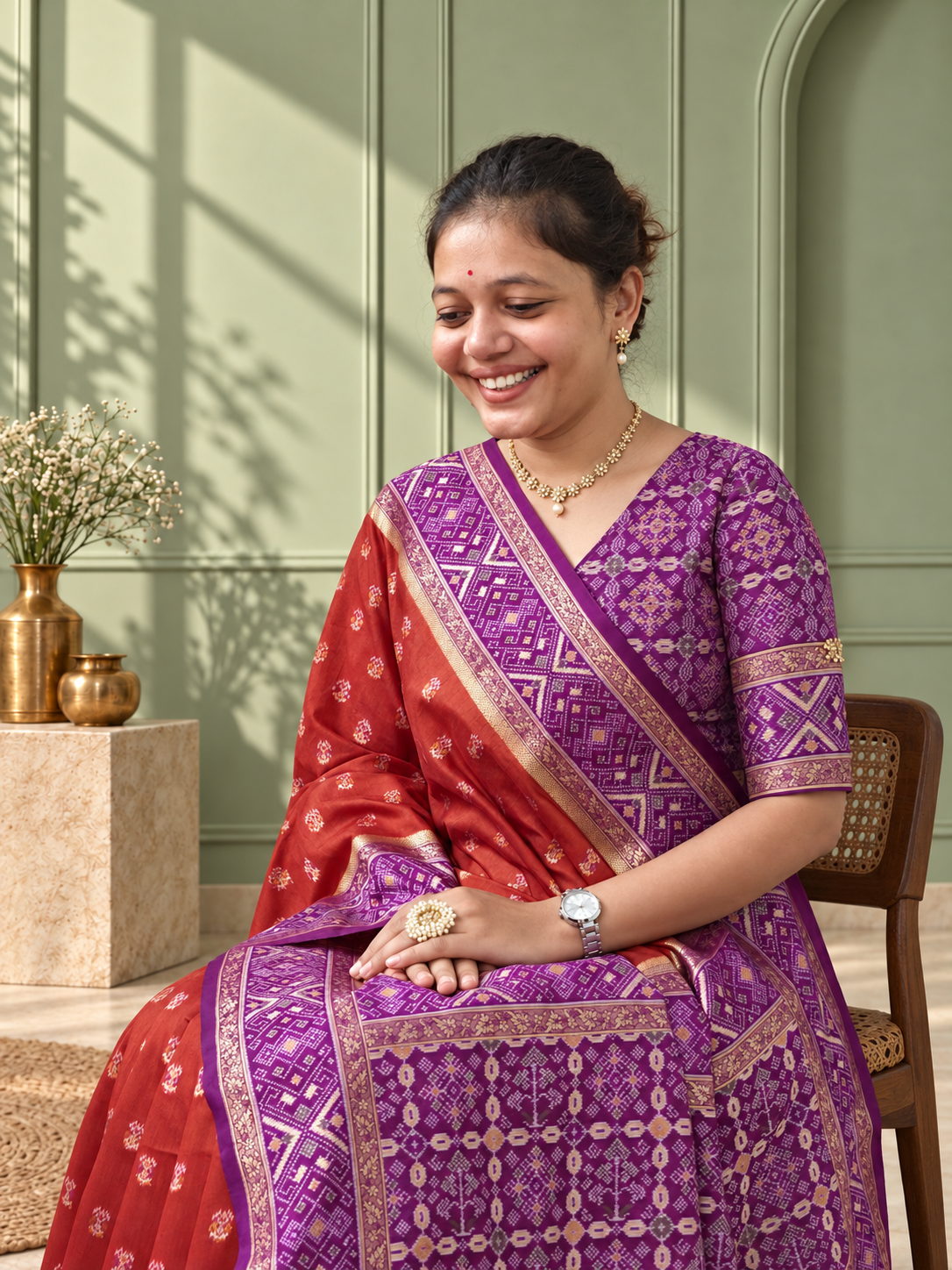 Terracotta Purple Silk Patola Saree with Geometric Woven Border