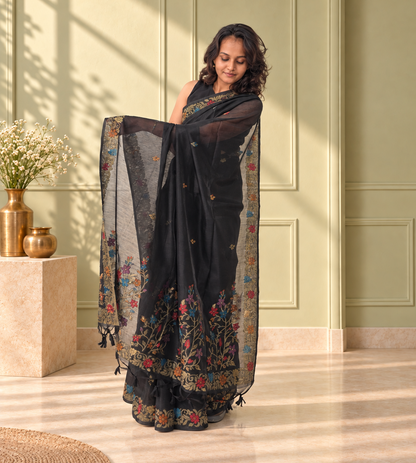 Black Cotton Handwoven Jamdani Saree with Multicolour Floral Design