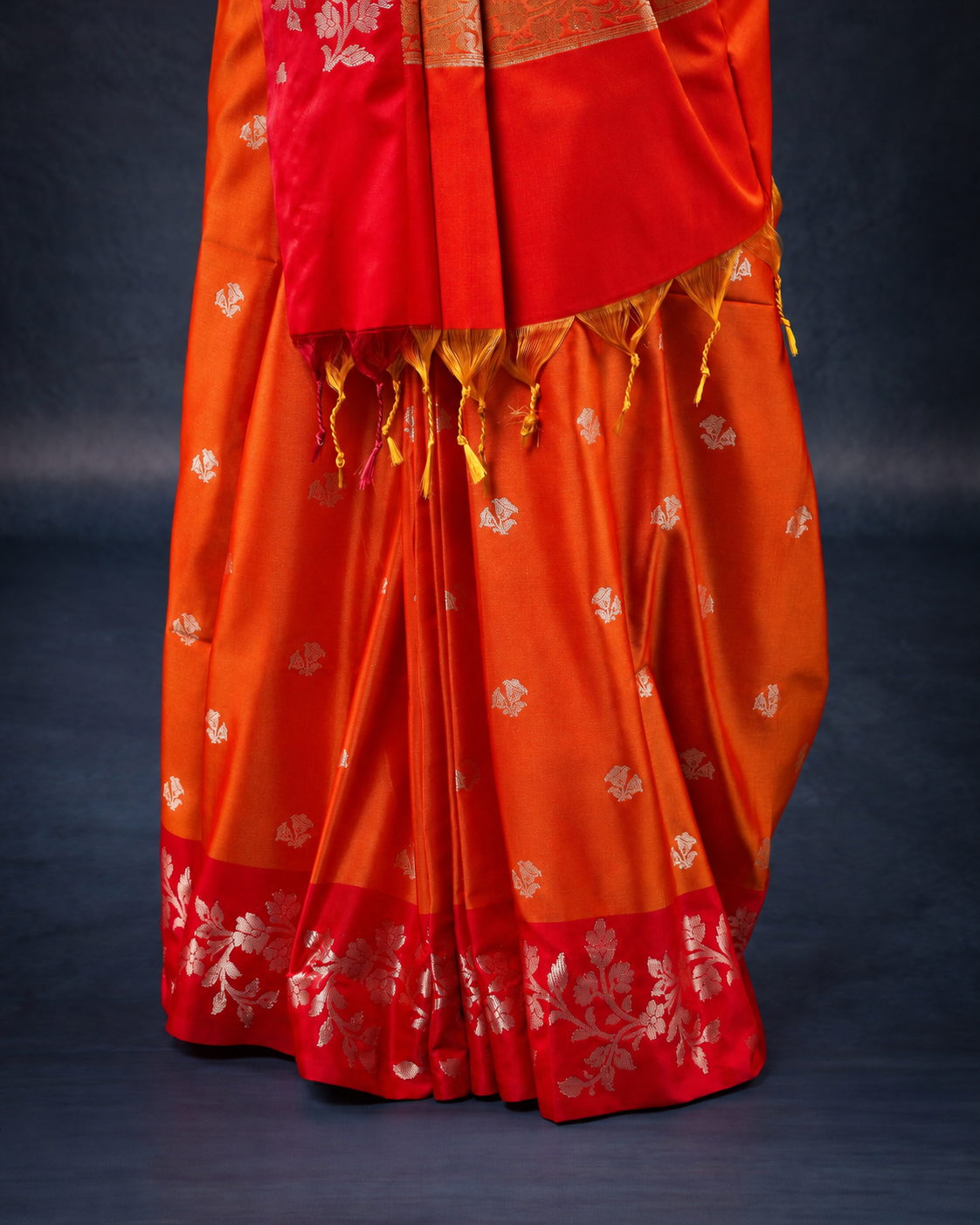 Red Orange Open Border Meenakari Floral Butta Saree