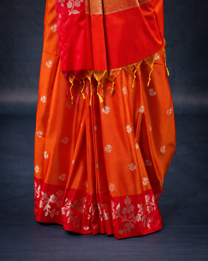 Red Orange Open Border Meenakari Floral Butta Saree