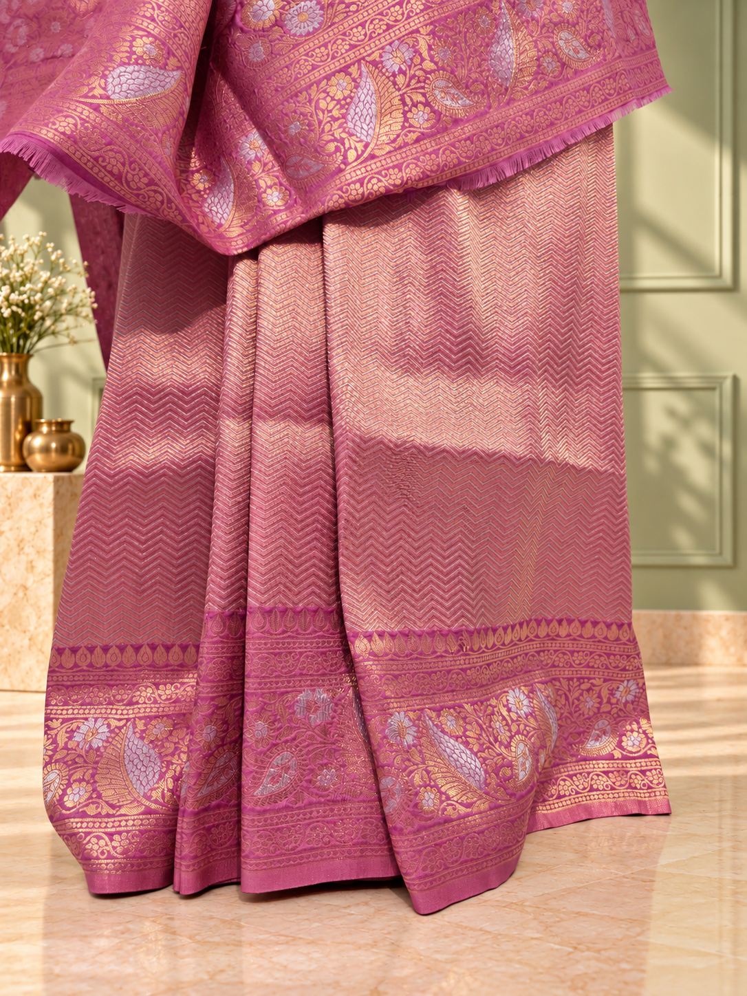Dusty Mauve Uppada Pure Silk Saree with Floral Nakshatra Border
