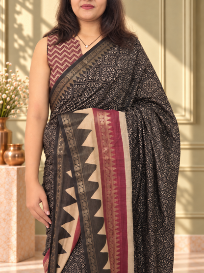Black Soft Cotton Saree with Zari Border