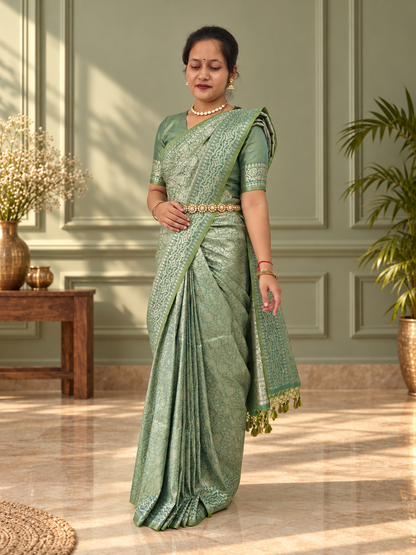 Sage Green Crepe Jaal Silk Saree with Matching Floral Border