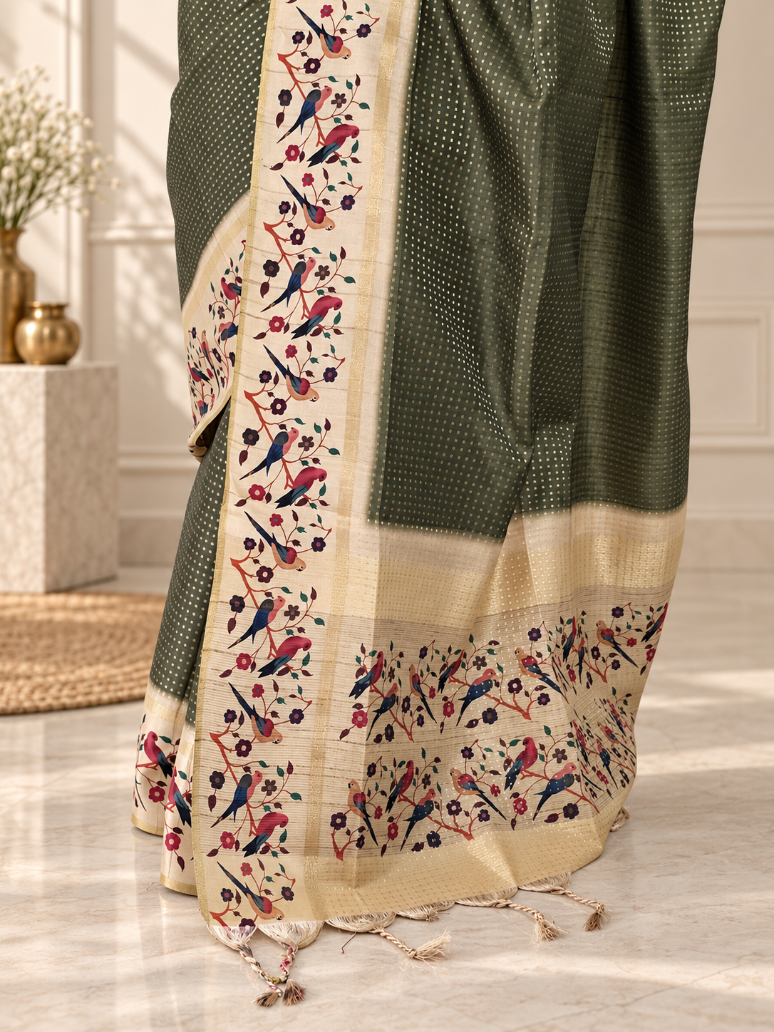Bird & Floral Print Deep Olive Green Tussar Silk Saree