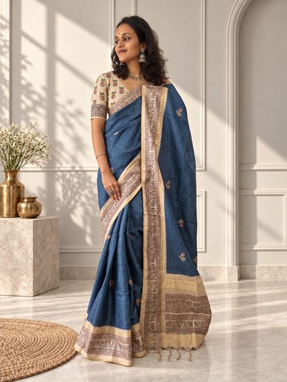 Madhubani Folk Art Dusty Slate Blue Tussar Silk Saree