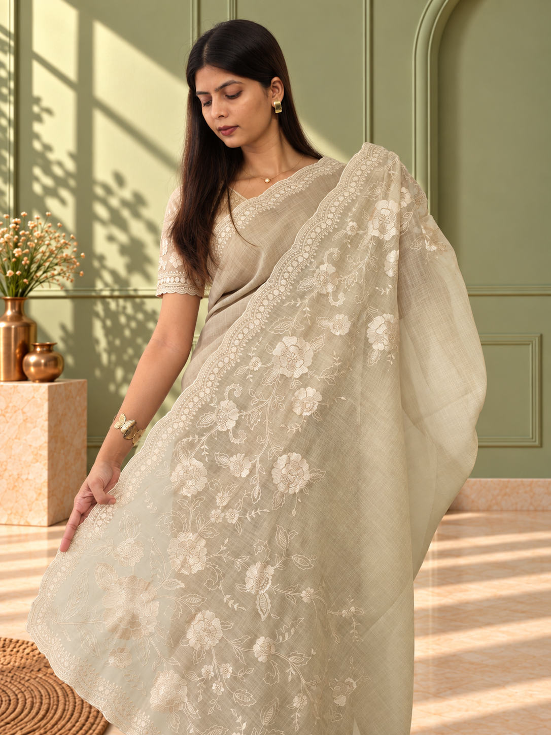 ivory linen tissue cotton saree with intricate floral embroidery