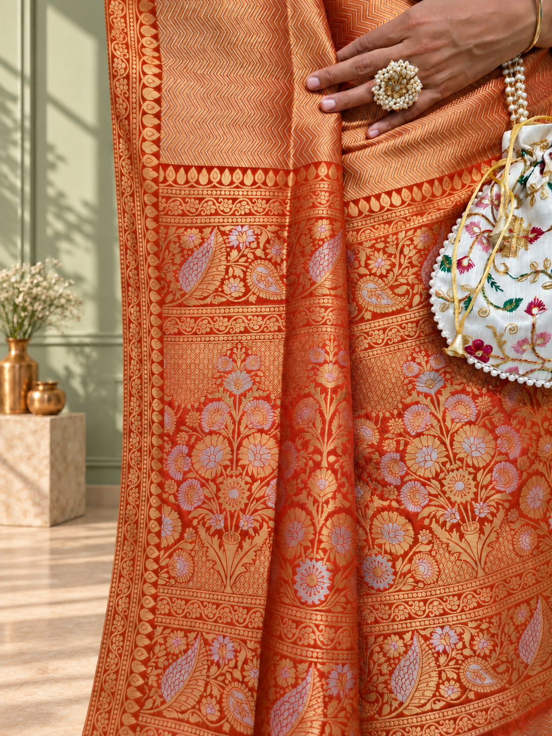 Rust Orange Uppada Pure Silk Saree with Floral Nakshatra Border