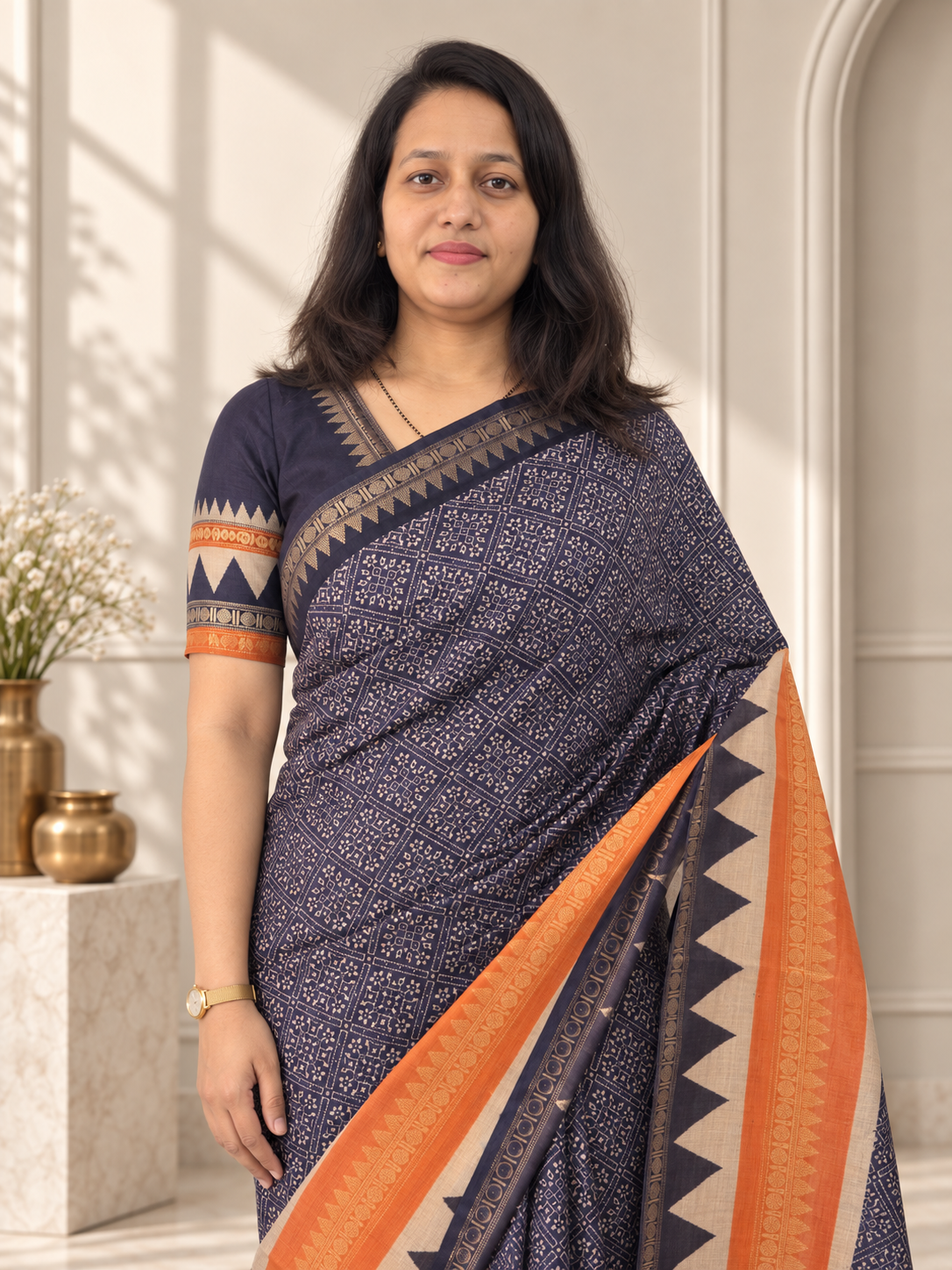 Navy Blue Soft Cotton Saree with Zari Border