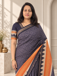 Navy Blue Soft Cotton Saree with Zari Border