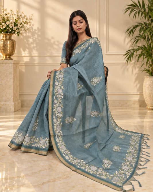 Dusty Teal Blue Linen Saree with Handcrafted Aari Floral Embroidery