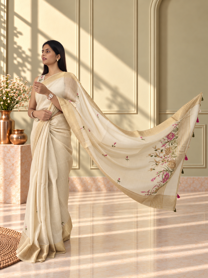 Ivory Linen Saree with Hand Embroidered Pink Florals
