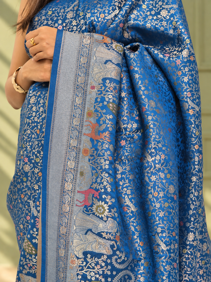 Royal Blue Pure Mashru Silk Handwoven Banarasi Saree with Rich Zari Border