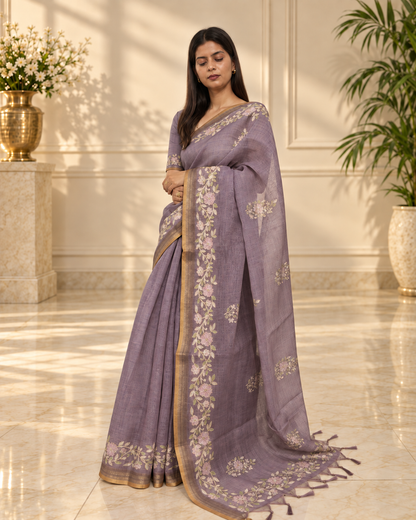 Dusty Lavender Linen Saree with Handcrafted Aari Floral Embroidery